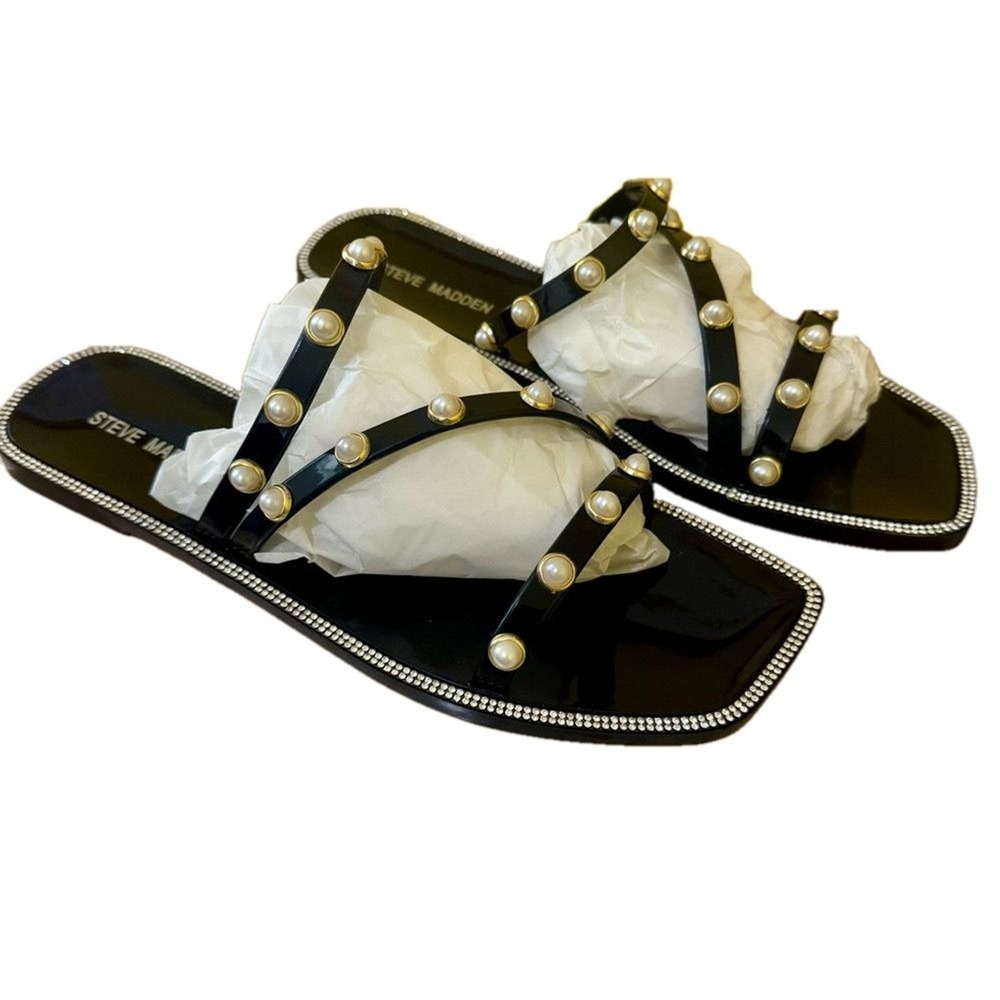Steve Madden New Size 10 Black Pearl Studded Square Toe Jelly Flat Sandals